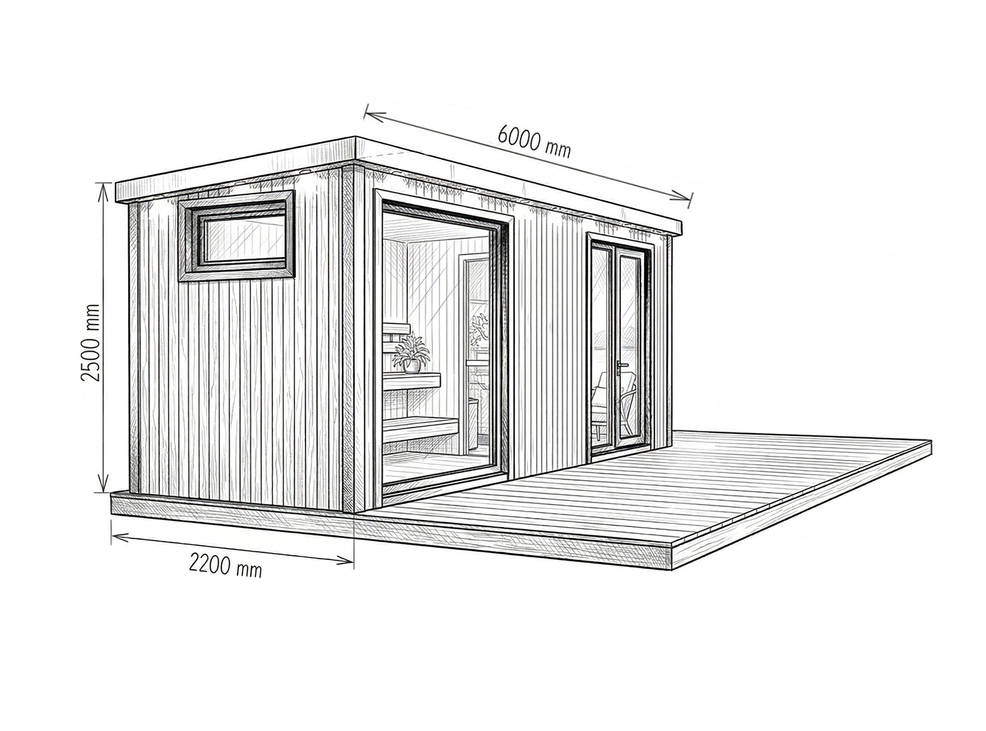 Bočný pohľad na saunu s rozmermi